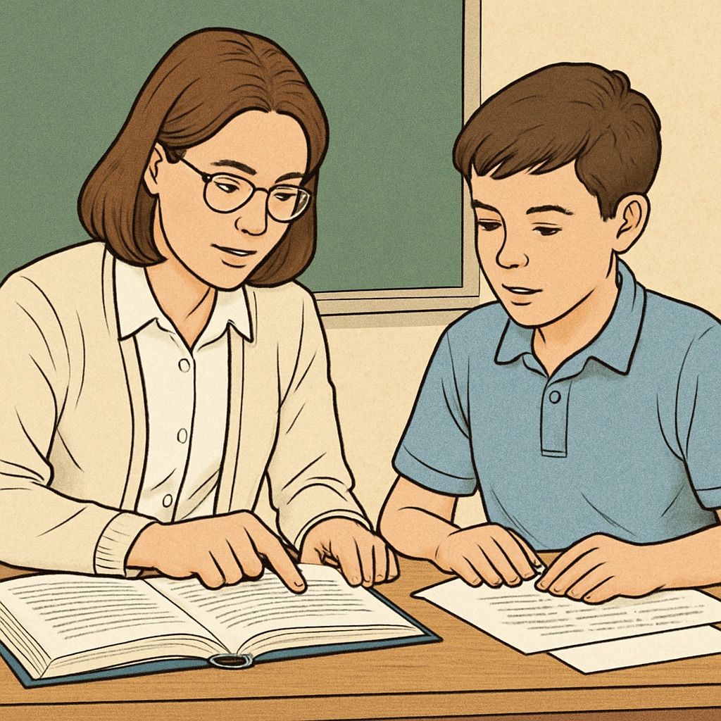 A teacher reviewing a short passage with a student, symbolizing the assessment of text complexity in an educational setting. Teacher evaluating text complexity with a student to improve reading comprehension.