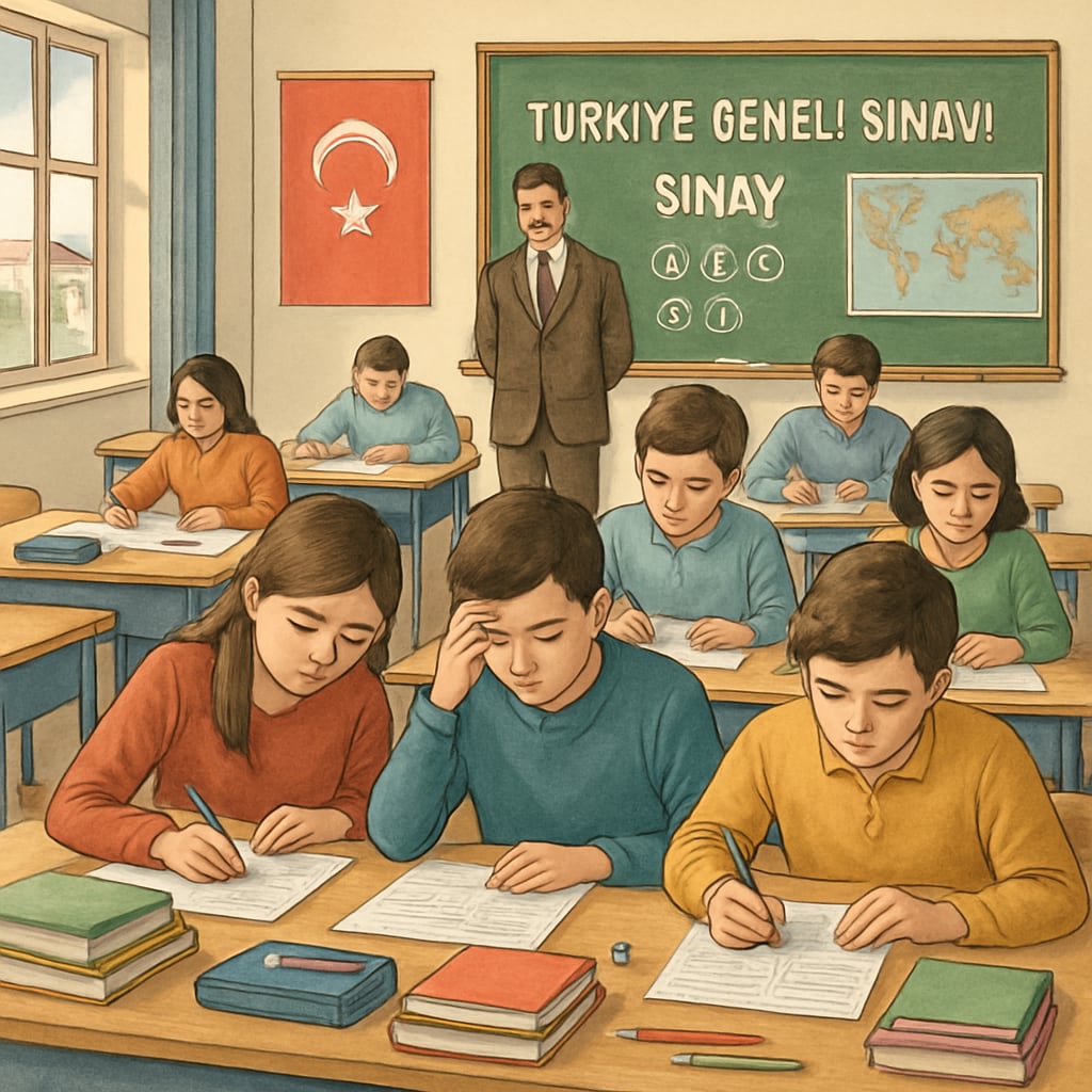 A classroom in Turkey with students preparing for national exams, illustrating the pressures of an exam-driven system. Turkish students studying for national exams, highlighting exam pressure and rigid educational structure.