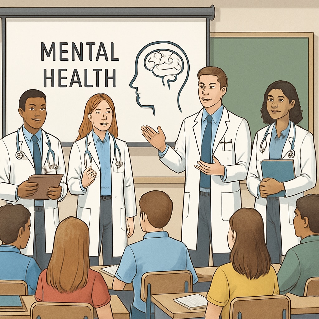 A group of medical students delivering a mental health presentation to high school students in a classroom setting. Medical students presenting mental health topics to high school students.