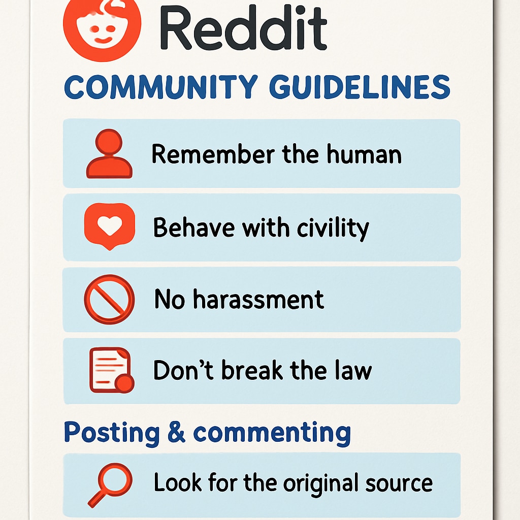 A screenshot of Reddit’s community guidelines page, highlighting key rules for respectful engagement and posting. Reddit community rules page emphasizing respectful engagement and posting guidelines.