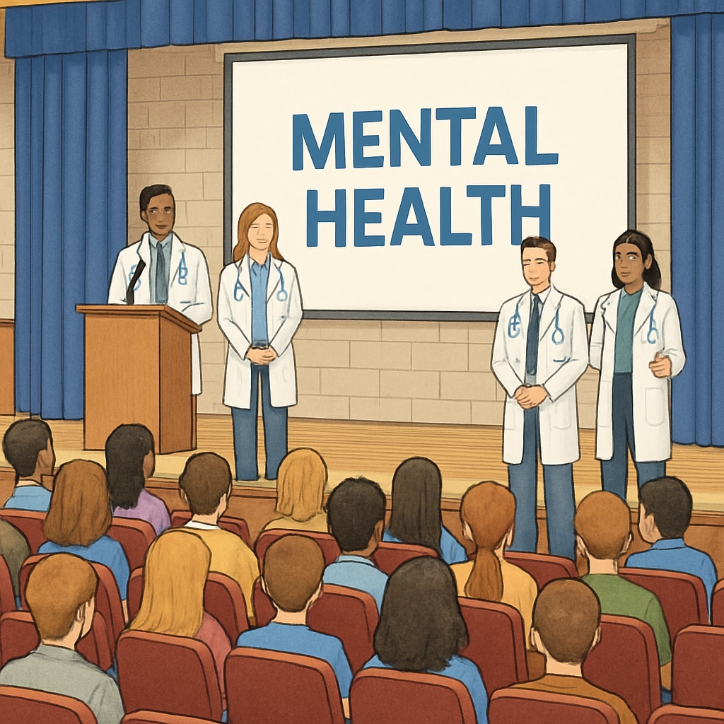 A high school auditorium filled with students attentively listening to a mental health presentation delivered by medical students. High school students participating in a mental health assembly led by medical students.