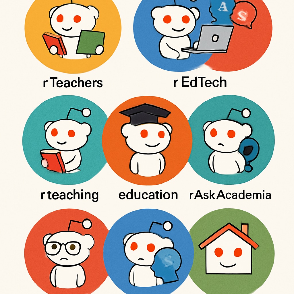 A collage of Reddit subreddit logos, including r/Teachers and r/EdTech, representing diverse educational communities. Logos of educational subreddits like r/Teachers and r/EdTech showcasing community diversity.
