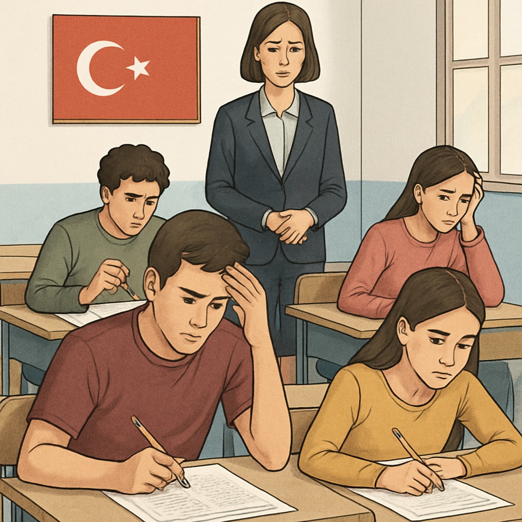 A classroom setting showing students taking a standardized test, symbolizing exam-related pressure in Turkey. Students in Turkey taking standardized tests, representing exam pressure.