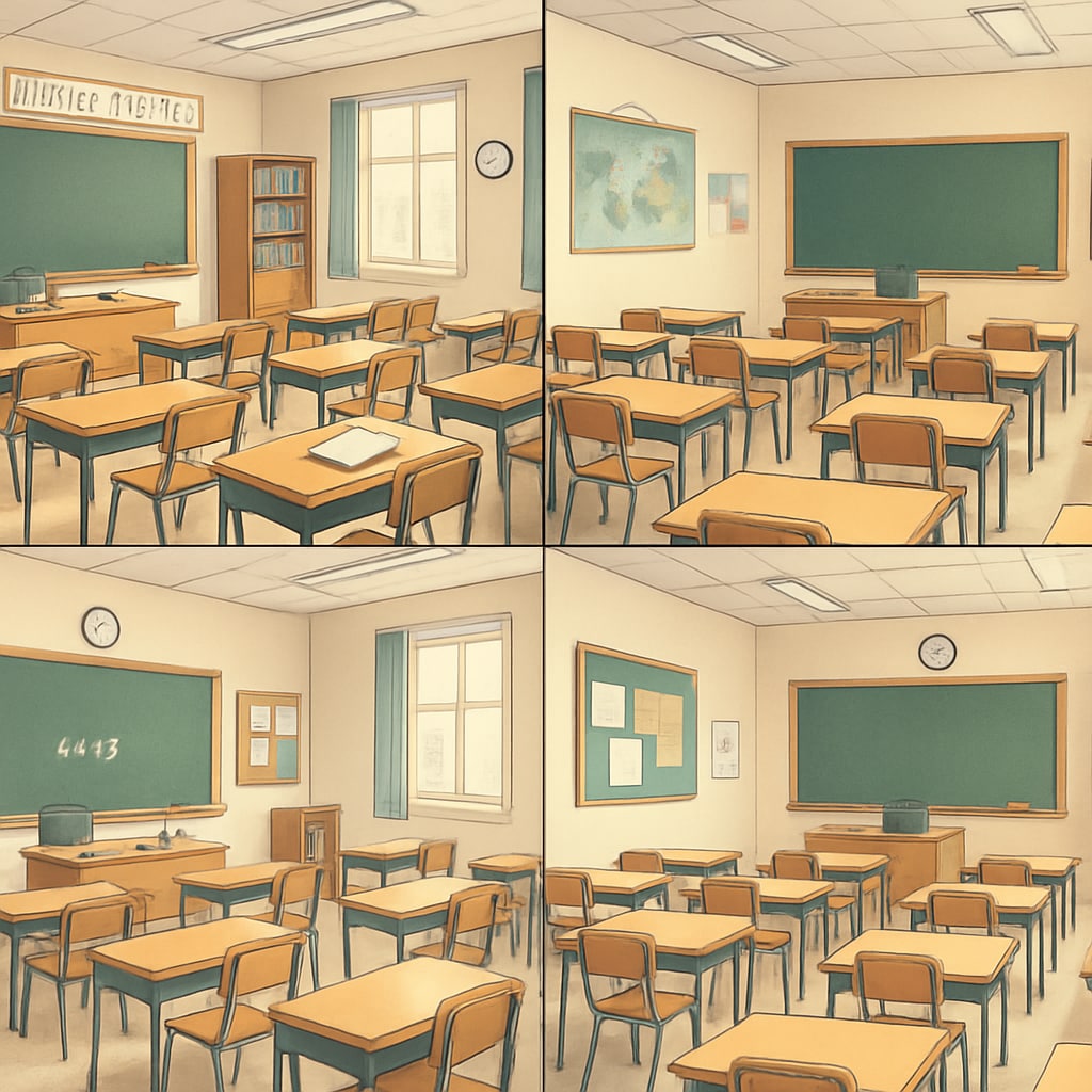 A group of empty classrooms in a school setting, symbolizing the absence of teachers during a coordinated protest. Empty classrooms representing
