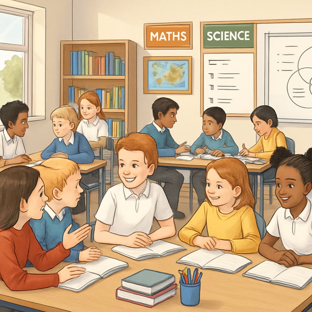 A UK classroom where students are actively engaged in group discussions, symbolizing creativity and independent learning. UK students discussing in groups, showcasing creativity and flexible learning.
