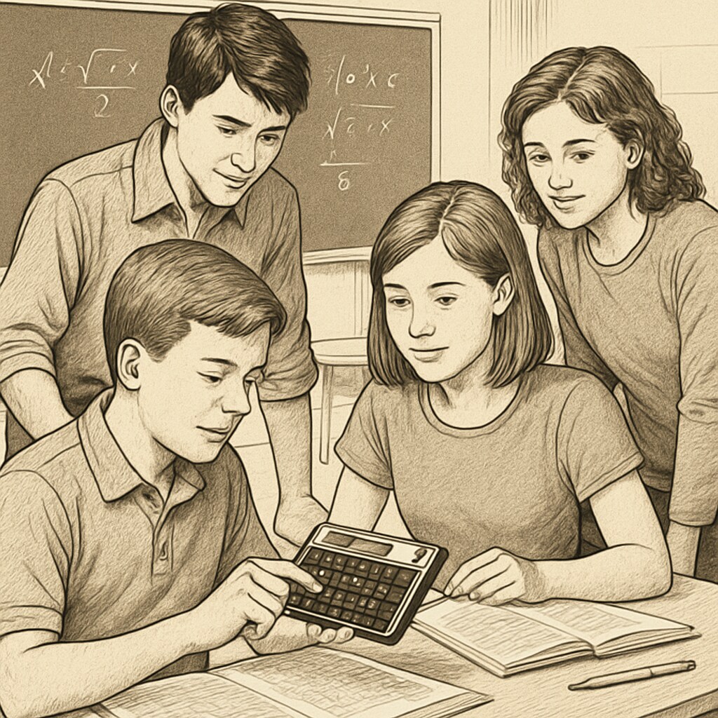Students using an HP 11c calculator during a math class, showcasing hands-on learning and collaboration. Students practicing logical operations on HP 11c calculators in a collaborative K12 math class.