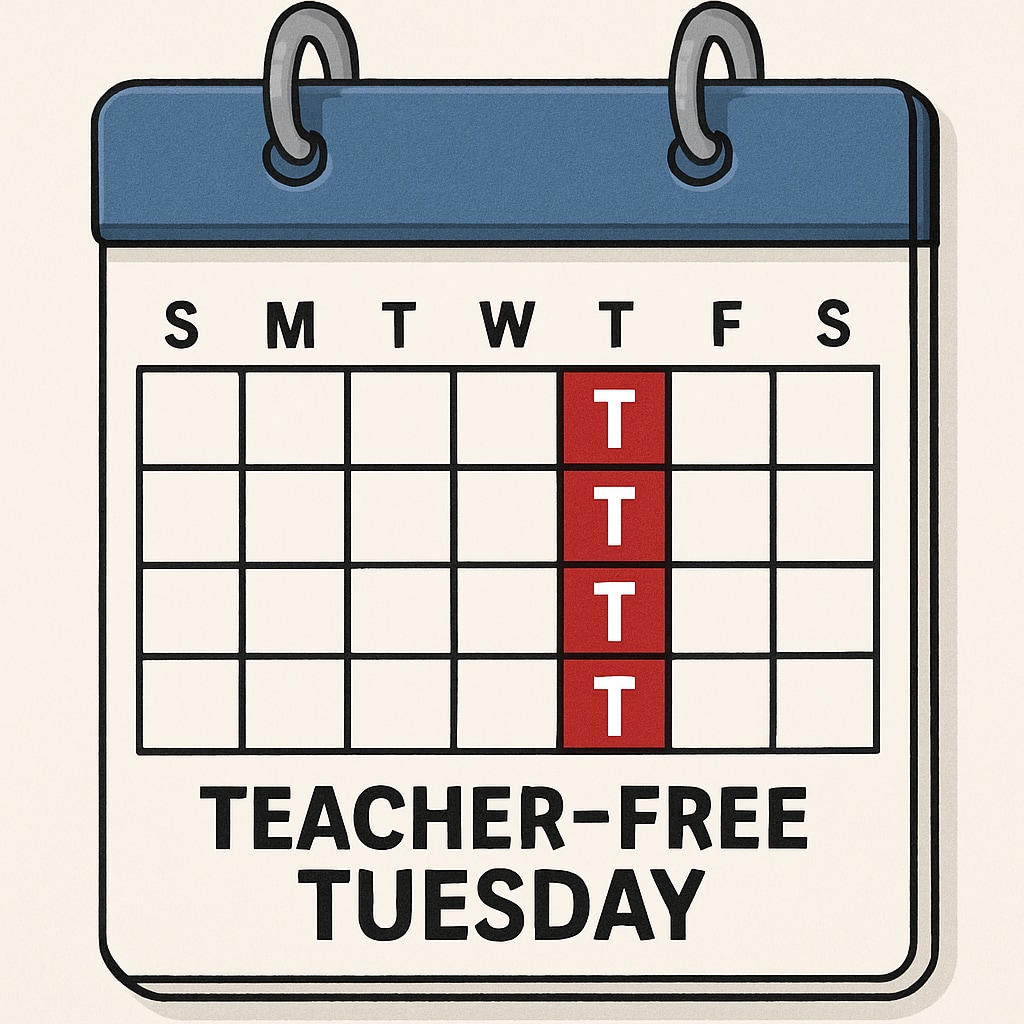A symbolic calendar showing Tuesdays marked in red, emphasizing the recurring nature of Calendar with Tuesdays marked red for coordinated teacher leave.