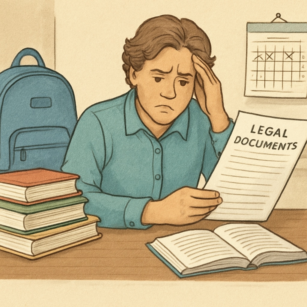 A frustrated parent holding legal documents in a home setting, symbolizing the administrative challenges of school transfers. Parent holding documents related to special needs school applications, symbolizing delays.