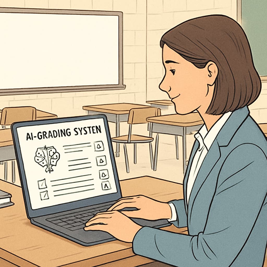 A teacher using an AI-powered grading system on a laptop in a classroom setting. AI-powered grading system assisting teachers in classrooms
