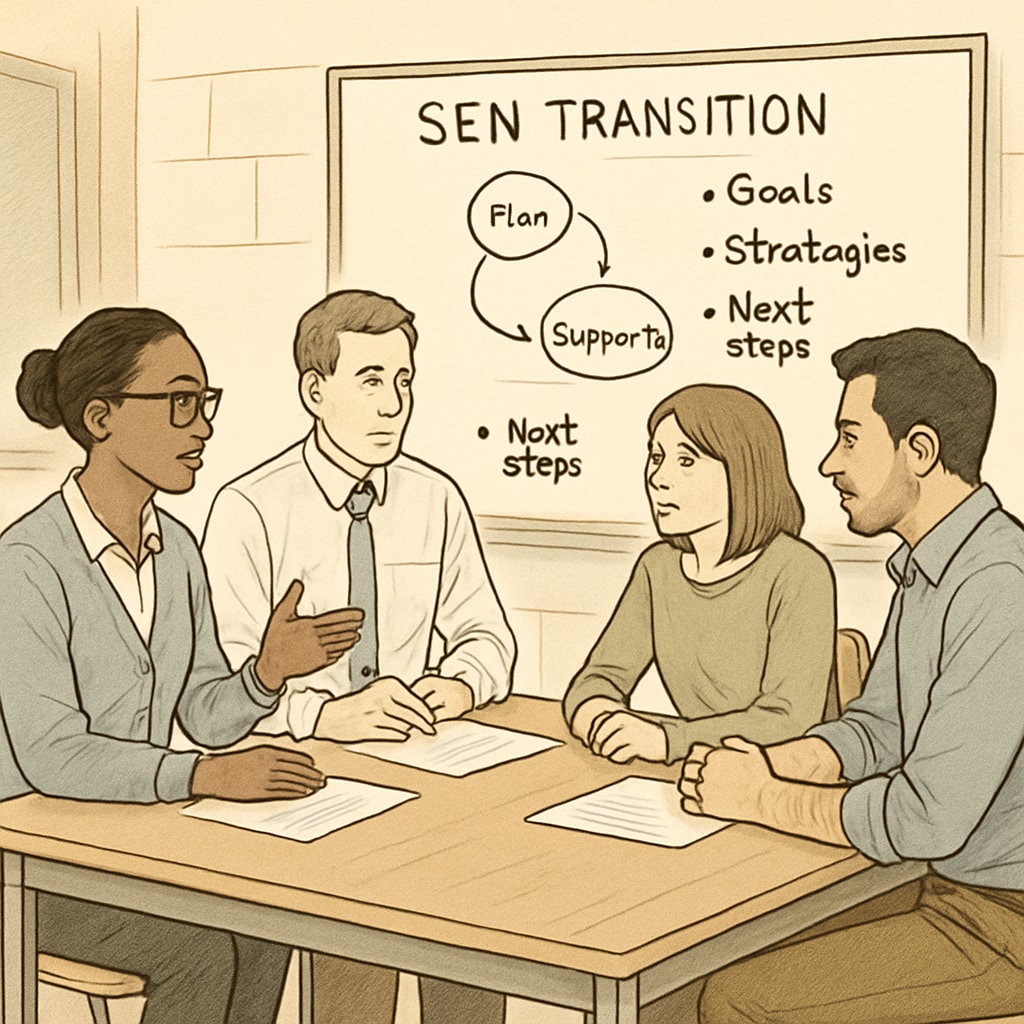 A meeting between school staff and parents, illustrating the collaborative effort required for SEN student transitions. School staff and parents discussing a special needs student's educational plan.