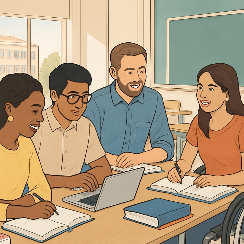 A group of diverse students studying in a university setting, representing accessibility and affordability in higher education. Students in a university setting discussing affordable and accessible education options for AS-level students.