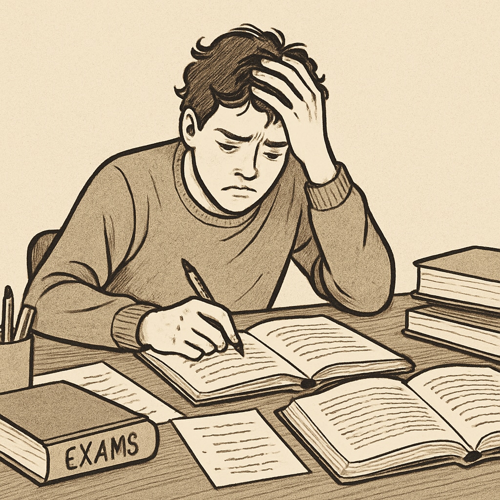 A student sitting at a desk, visibly stressed while preparing for exams. This image captures the emotional toll of academic anxiety. Stressful student preparing for GCSE exams