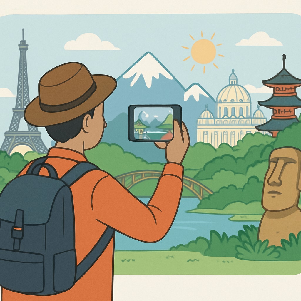 A traveler recording a short video at a scenic tourist destination, emphasizing the use of short videos in influencing travel decisions. Traveler recording a short video at a tourist destination for travel decisions.
