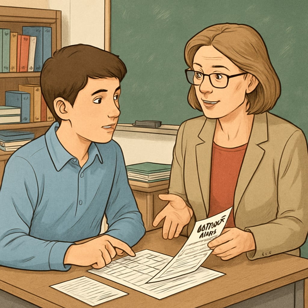 A high school student reviewing their grades with a teacher, symbolizing academic appeals Student discussing grading dispute with teacher, representing academic appeals