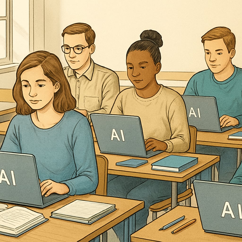A group of students using laptops with AI tools for their studies in a classroom setting. Students using AI tools for academic assistance in a classroom setting.