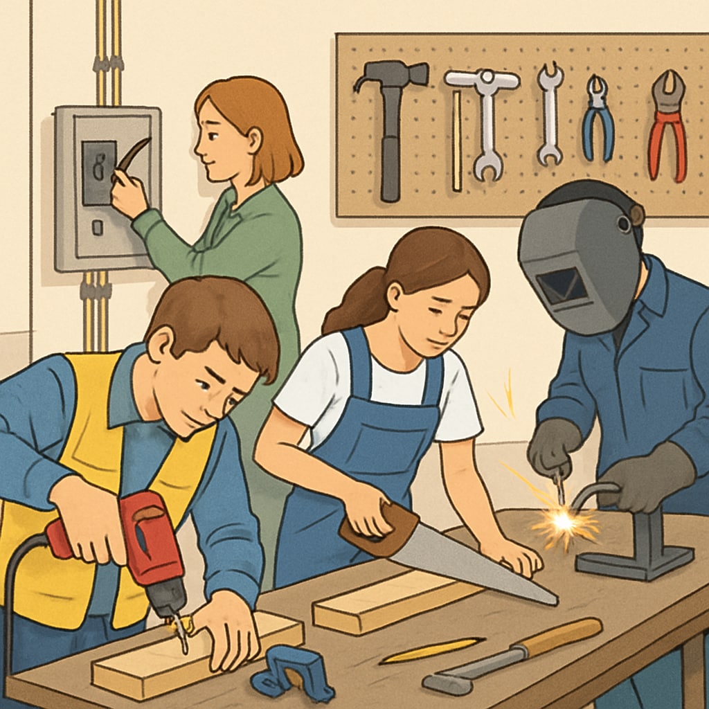 A group of students engaging in hands-on vocational training in a workshop. This image highlights alternative pathways beyond traditional academics. Students in vocational training