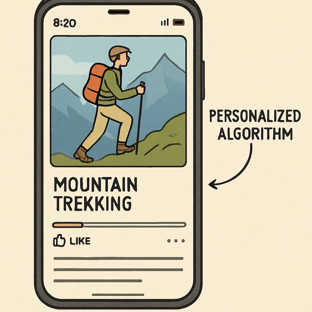 A smartphone screen displaying a short video of mountain trekking, demonstrating the personalized content algorithm. Smartphone screen showing a short video of mountain trekking, illustrating content personalization.