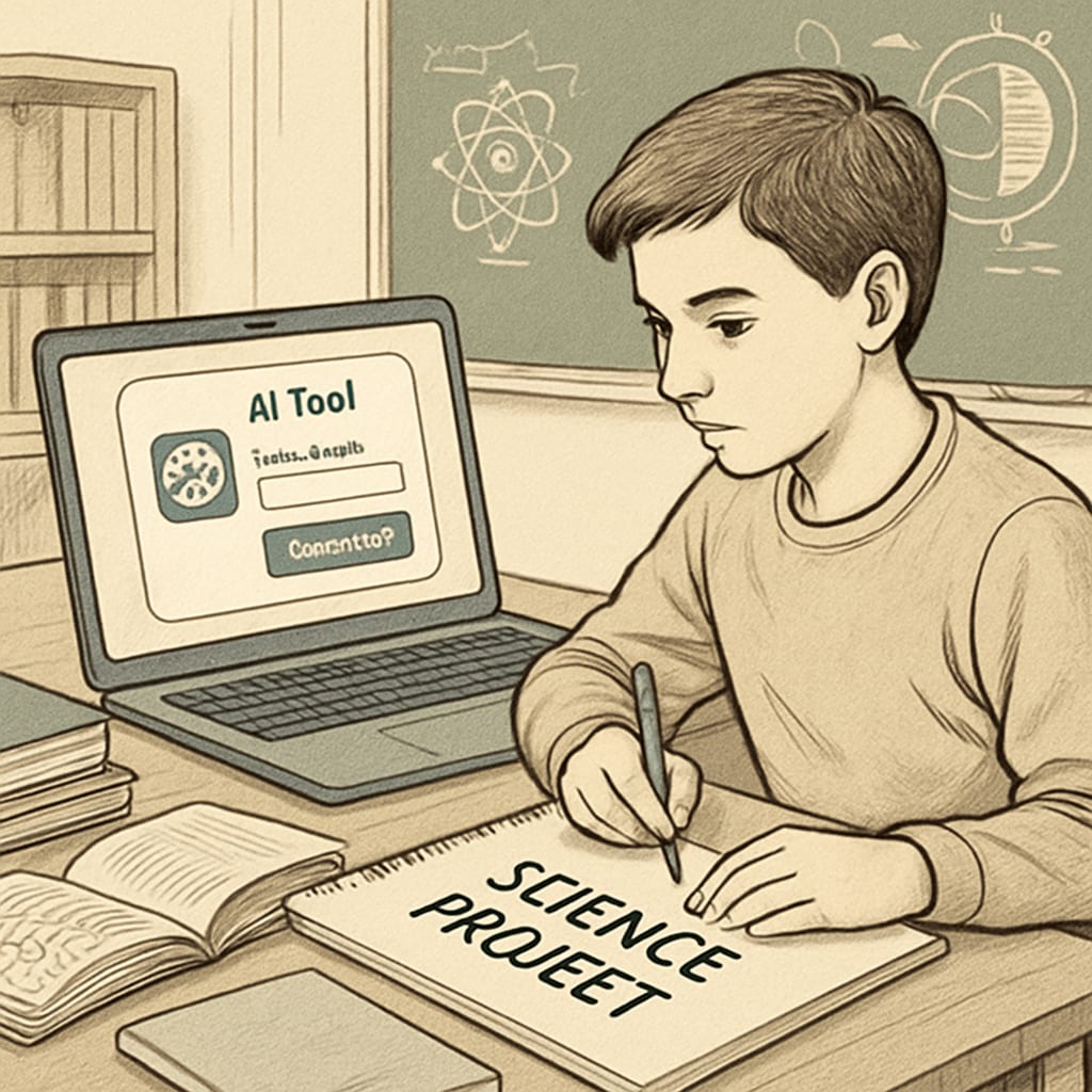 A student working on a science project with an AI tool open on their laptop. A student using an AI tool for a science project to improve academic performance.