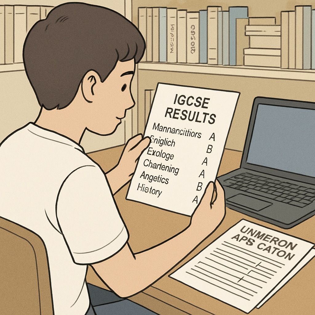 A student reviewing their IGCSE scores and planning their university application. Student reviewing IGCSE scores for U.S. data science program application