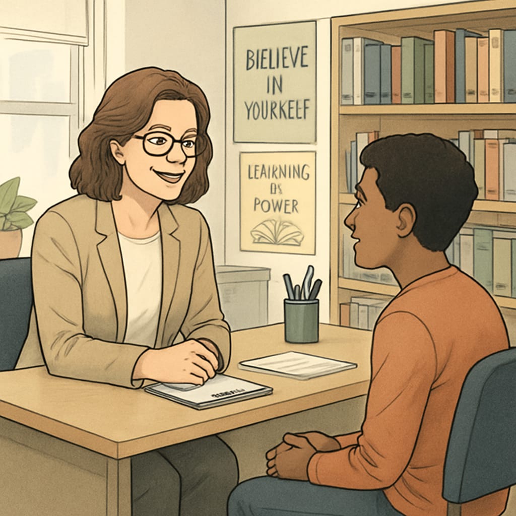 A school counselor talking to a student in a calm and supportive office environment. School counselor role in non-teaching careers in K12 education