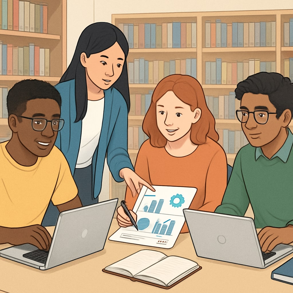 A group of international students studying data science concepts in a university library, symbolizing collaboration and learning in a diverse setting. International students discussing data science concepts in a university library.