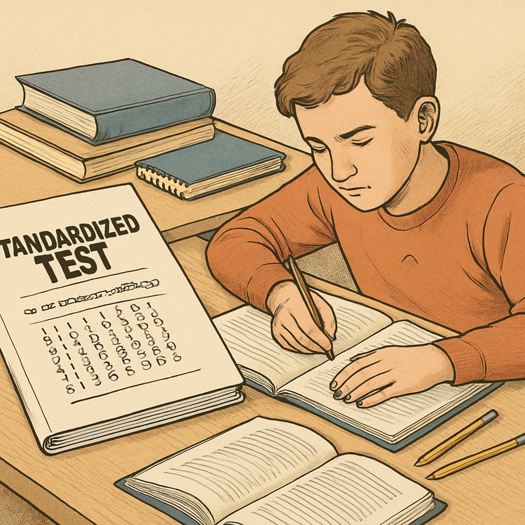 A standardized test booklet and a student studying for exams. Standardized test preparation for data science program admissions