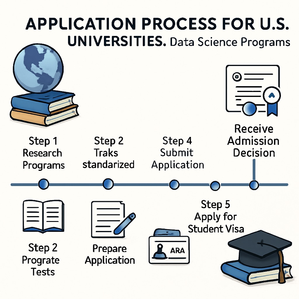 A timeline graphic illustrating key steps in the application process for international students applying to U.S. universities for data science programs. Visual representation of the application process for international students.