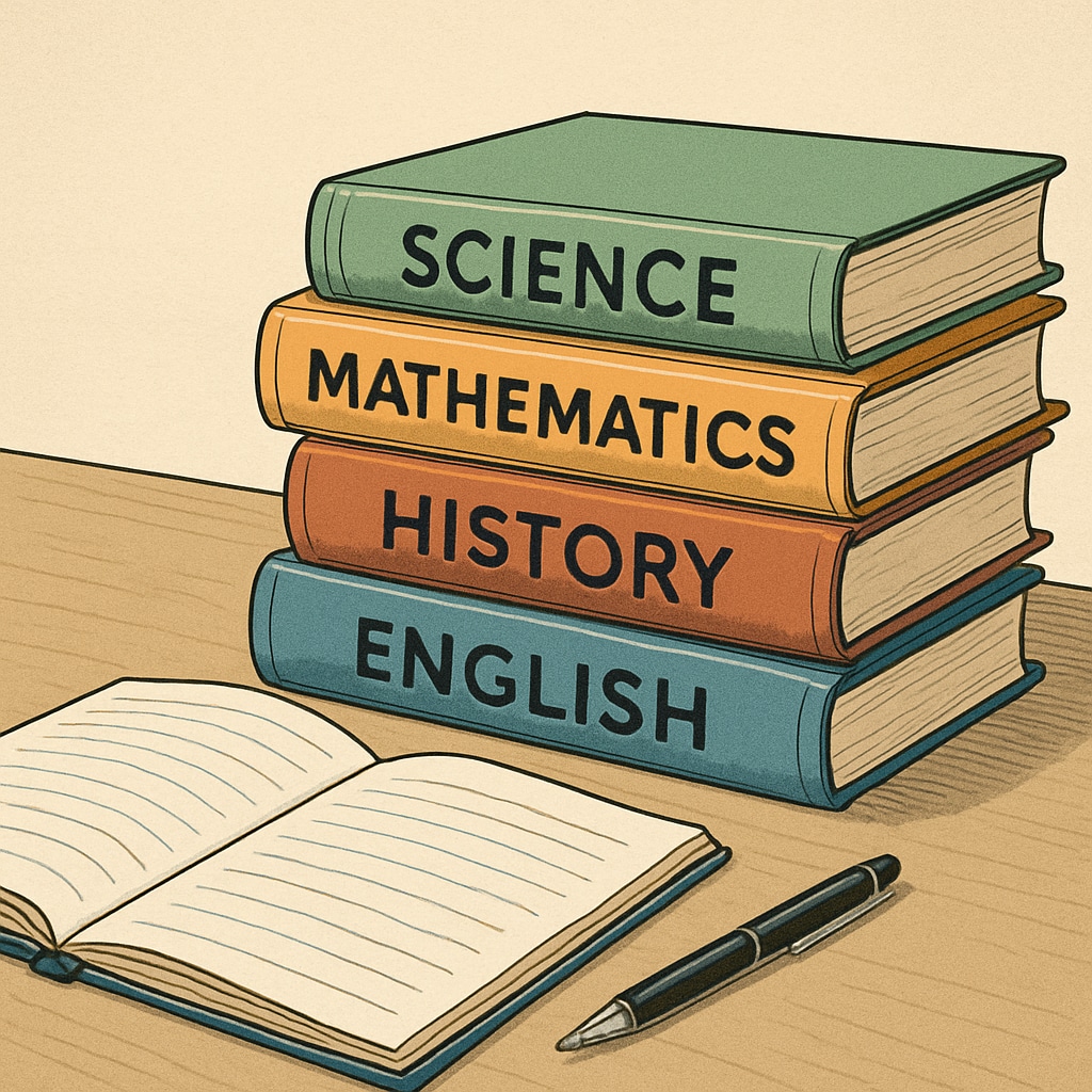 A stack of educational books on a desk, with a notebook and pen placed beside it, symbolizing preparation and learning. Educational books for teens, highlighting study methods and memory retention.