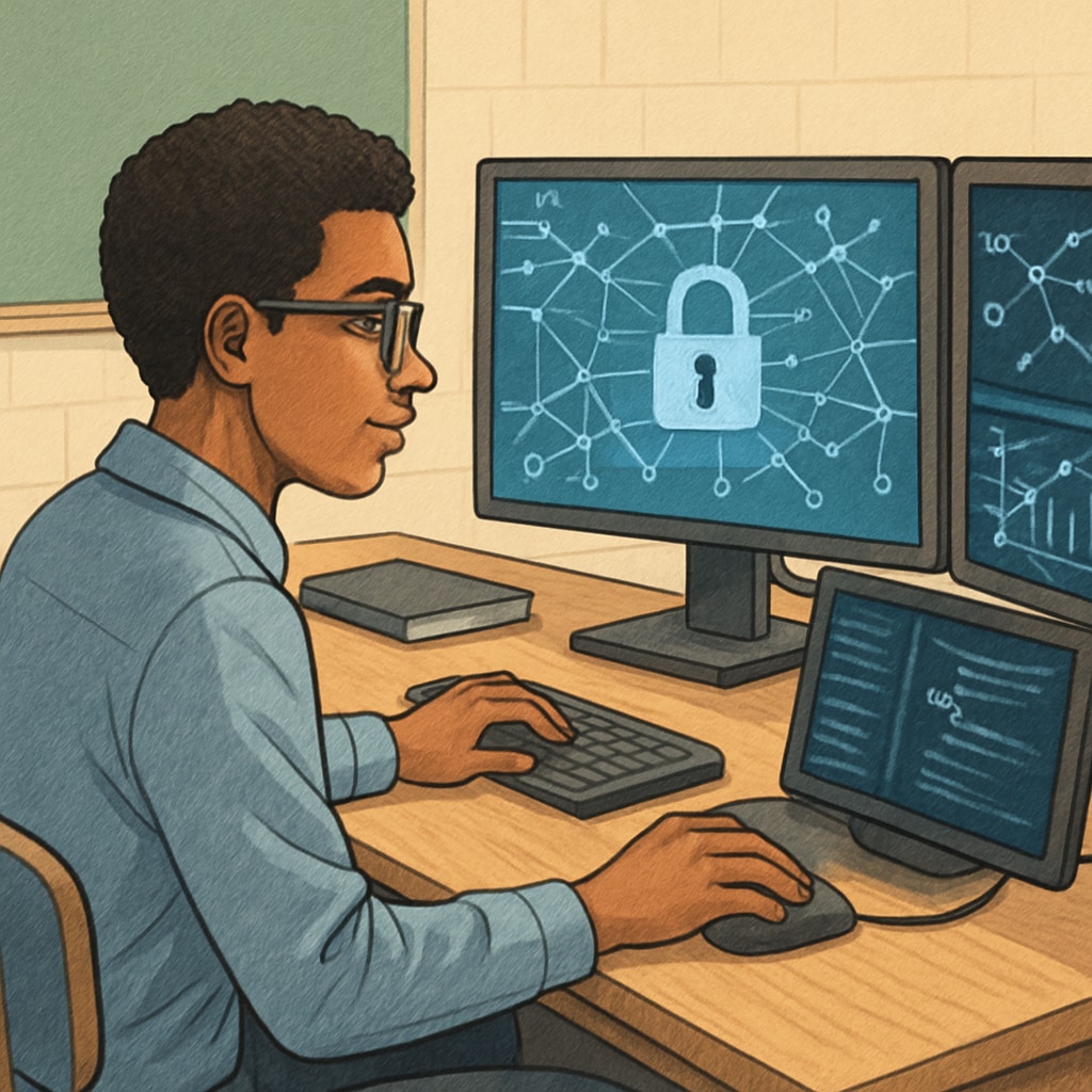 A young cybersecurity professional analyzing a digital network on multiple monitors, representing the field of cybersecurity. Cybersecurity professional working on network analysis.