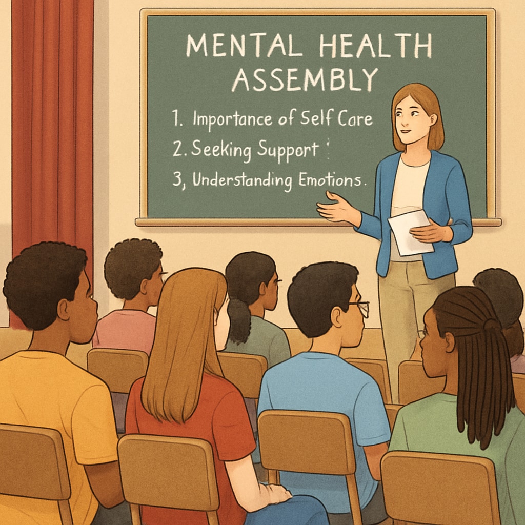 A diverse group of high school students attentively listening to a presenter during a mental health assembly. High school students listening to a mental health assembly.