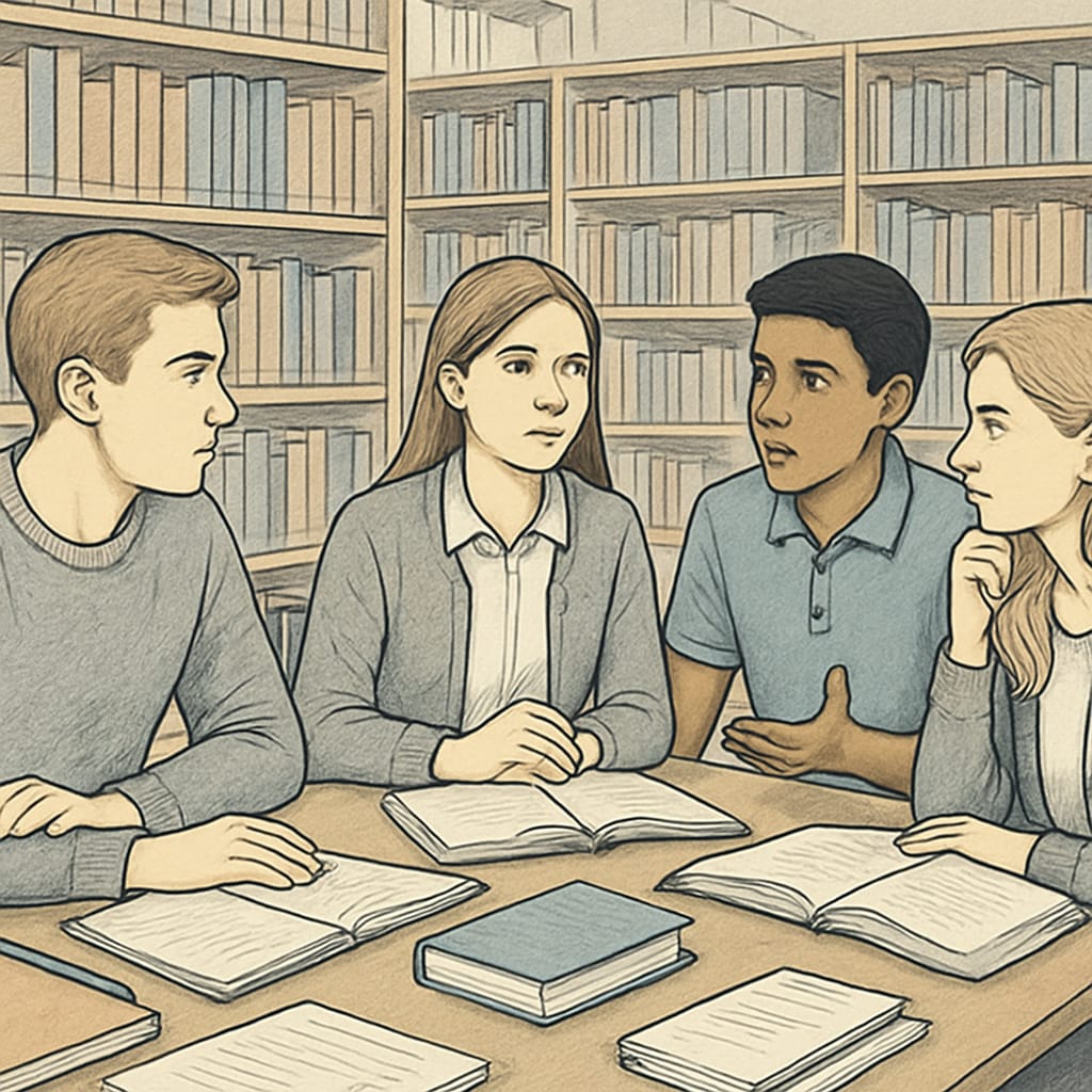 A group of students in the UK discussing their future education plans in a library setting. UK students planning their education reentry after academic disruptions.