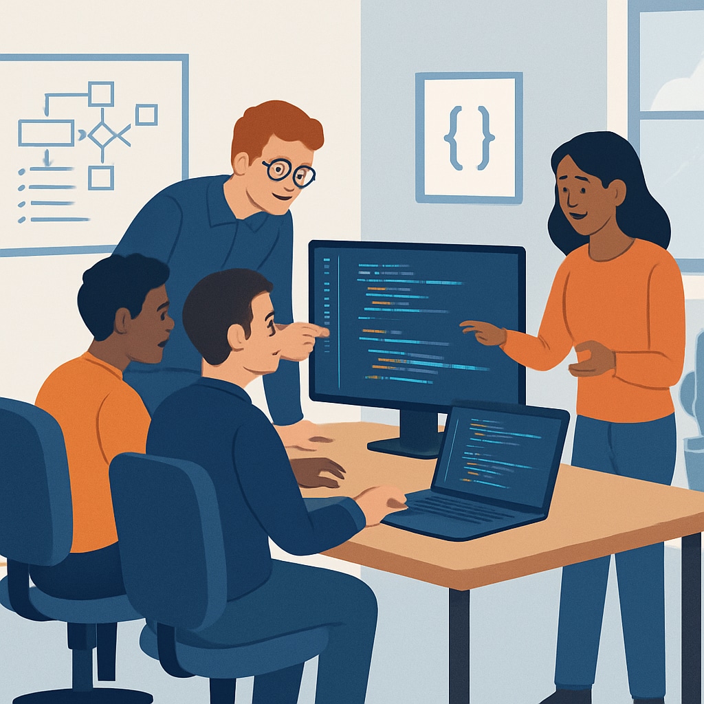 A group of software developers collaborating on a coding project in a modern office setting, symbolizing teamwork in programming. Software developers brainstorming coding solutions.