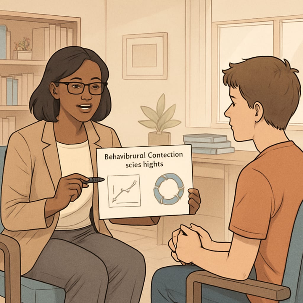 A therapy session showing a counselor working with a student on behavioral correction strategies. Behavioral correction session addressing disruptive students to improve classroom dynamics.