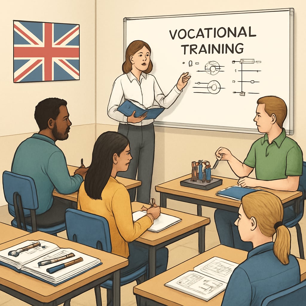 A classroom in the UK where adult learners are participating in a vocational training program. Adult learners in the UK engaging in vocational education for career development.