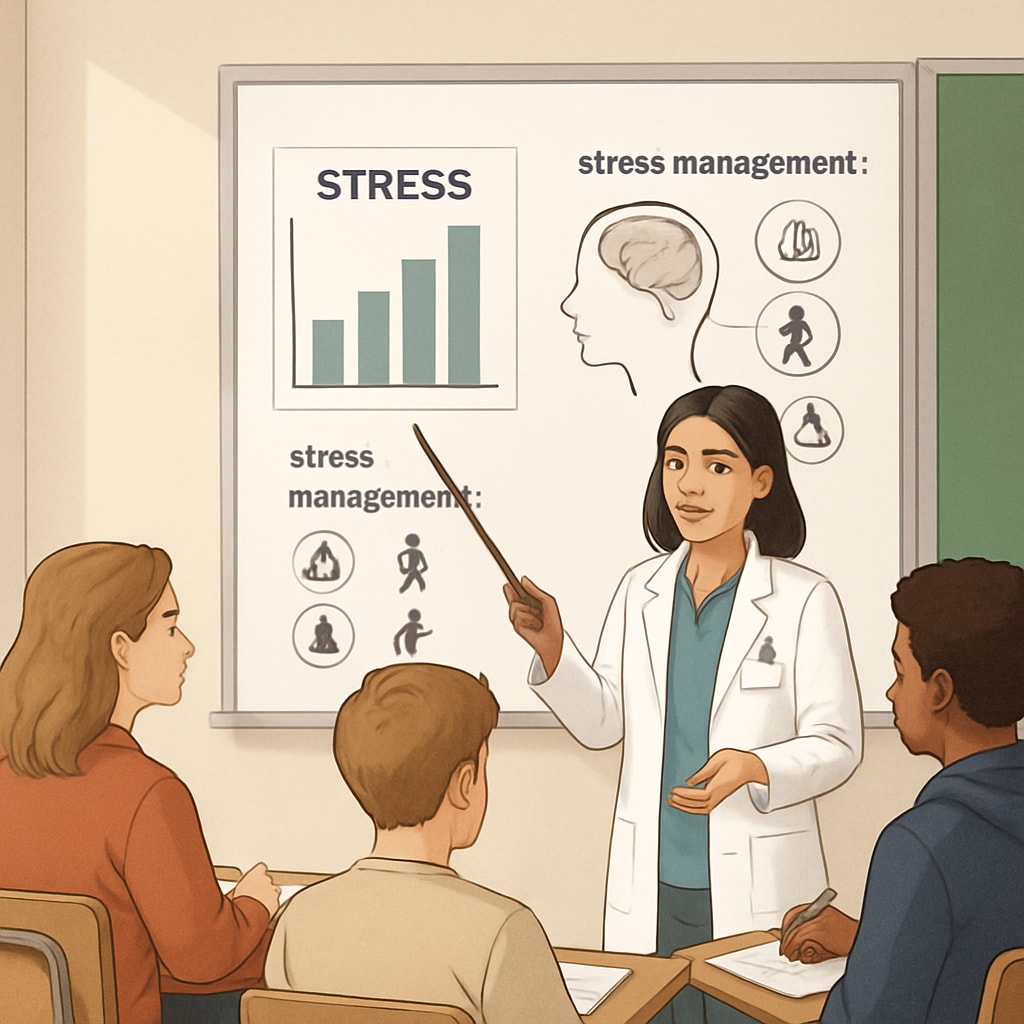 A medical student leading a workshop with high school students, using visual aids to explain stress management techniques. Medical student explaining stress management during a mental health workshop.
