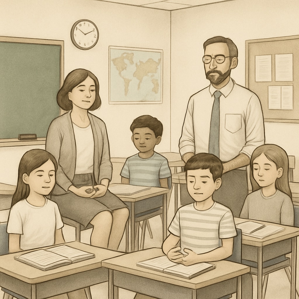 A serene image of students and educators practicing mindfulness in a classroom setting, emphasizing holistic learning. Students and educators practicing mindfulness in a classroom setting.