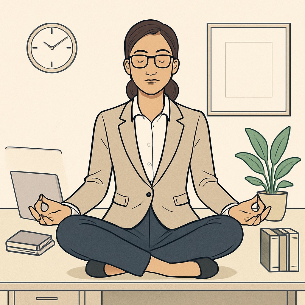 A professional woman entrepreneur meditating in a peaceful workspace, symbolizing mindfulness and clarity. Woman entrepreneur meditating to represent mindfulness and clarity.