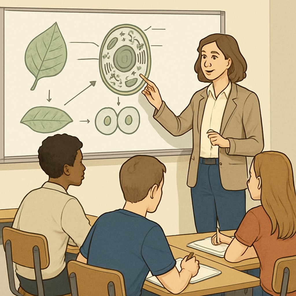 A classroom setting with a science teacher explaining a biology concept to engaged high school students. A biology teacher demonstrating a concept to students, illustrating the link between biology expertise and education.