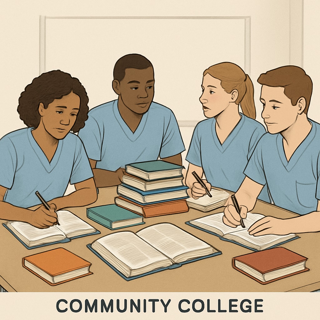 A group of nursing students studying together, representing community college transfer students. Nursing students studying together, symbolizing community college transfer students.