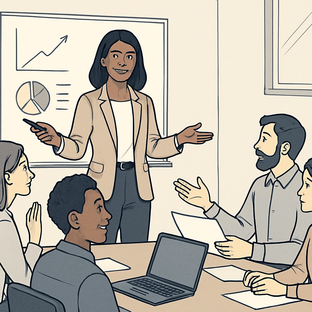 A dynamic image of a female entrepreneur leading a team meeting with clear communication and active engagement. Female entrepreneur leading a team meeting with effective communication.