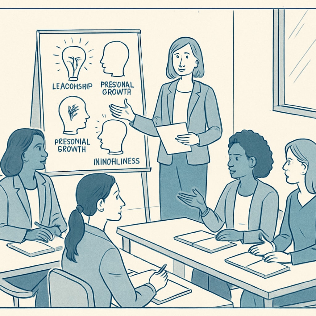 A group of women entrepreneurs attending a leadership seminar, with a focus on personal growth and mindfulness. Women entrepreneurs in a seminar on leadership and mindfulness.