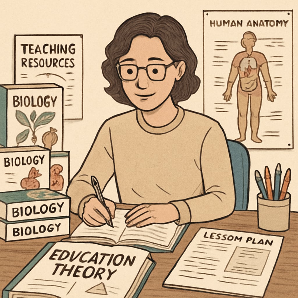 A graduate student studying education theory while surrounded by biology textbooks and teaching resources. A biology graduate transitioning to education, showcasing the blend of both fields.