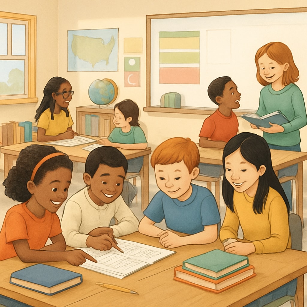A classroom in the United States with diverse students engaging collaboratively, symbolizing equality and inclusion. American classroom emphasizing equality and inclusion in education systems.