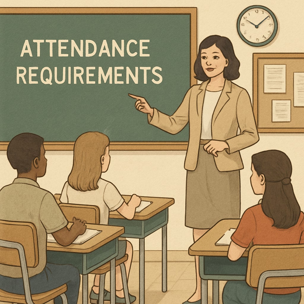 A classroom with students and a teacher, emphasizing attendance requirements in schools. Students in a classroom with a teacher discussing attendance policies.