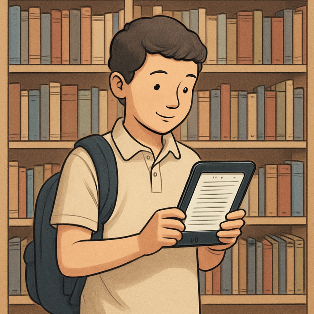 A student holding an e-reader with a bookshelf in the background, symbolizing access to diverse reading tools. A student exploring free alternatives to the A.R. points system on an e-reader.