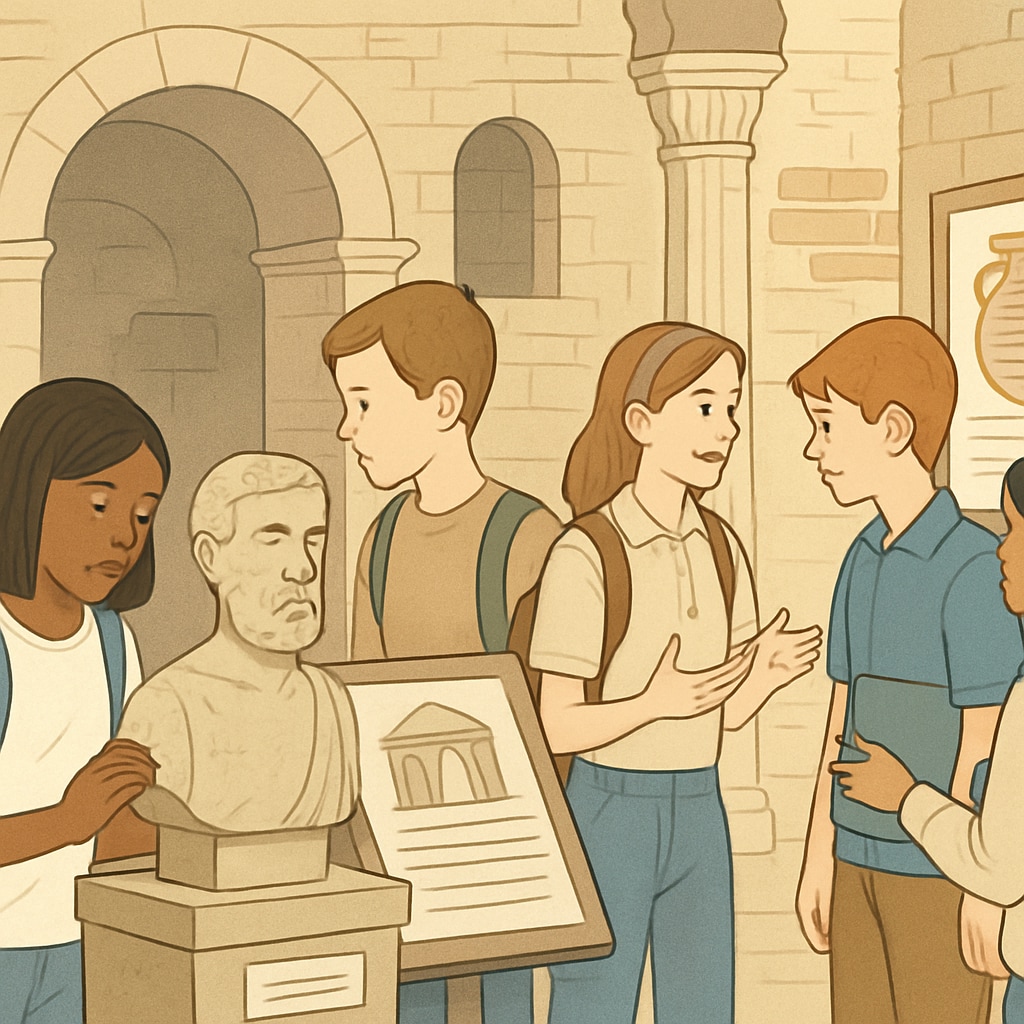 A scenic video of students exploring a historical site, focusing on their engagement and curiosity during the visit. Students engaged in a historical site visit, influenced by short video content.