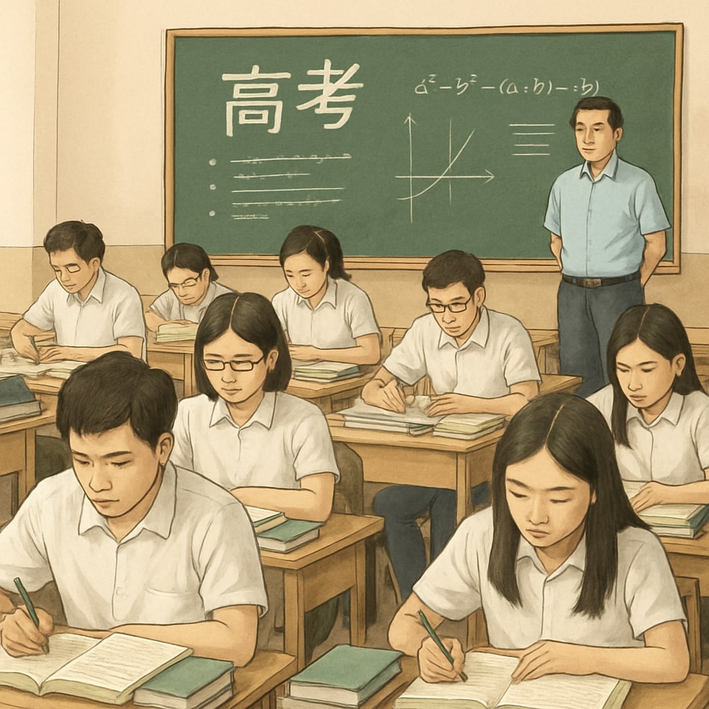 A Chinese classroom with students intensely studying for the gaokao, symbolizing exam-driven education. Chinese classroom highlighting exam-driven education systems and resource allocation.