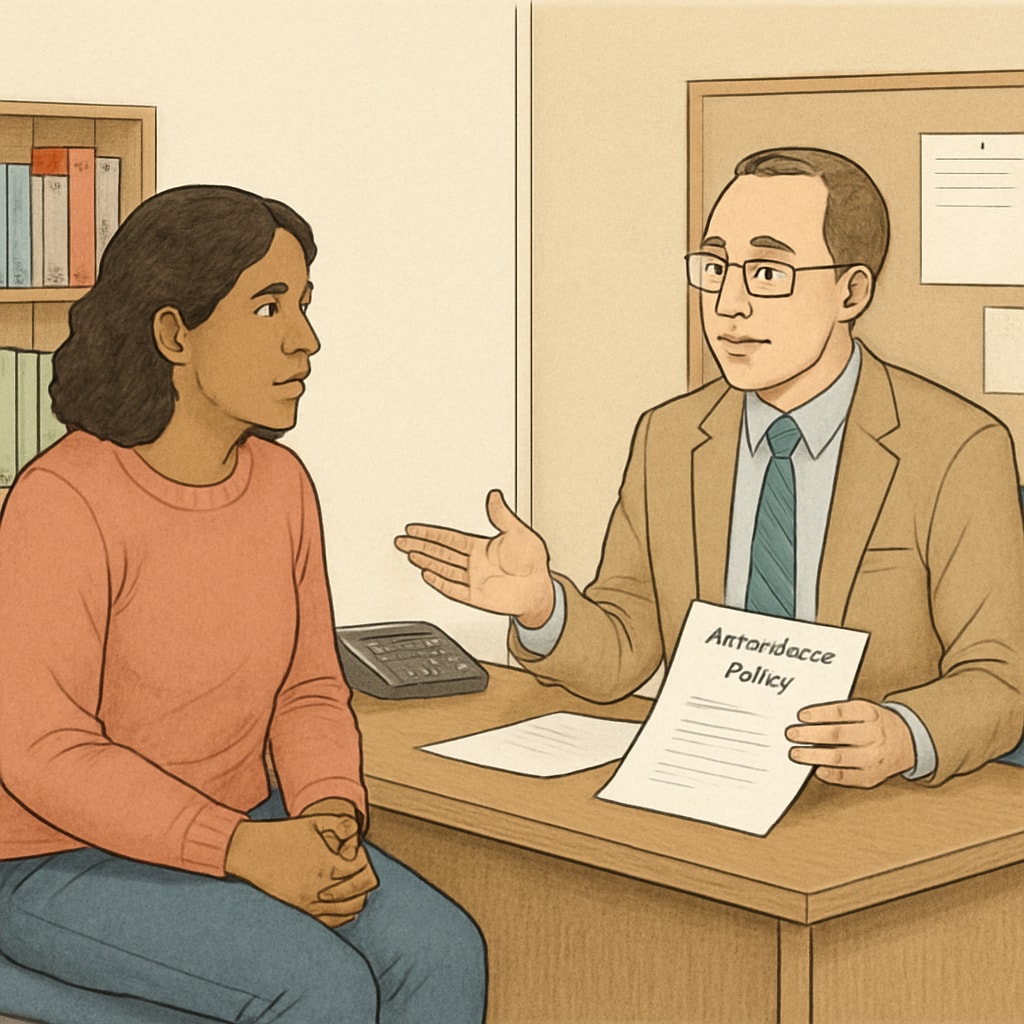 A parent discussing attendance policies with a school administrator, illustrating parental concerns. Parent and school administrator in discussion about attendance policies.