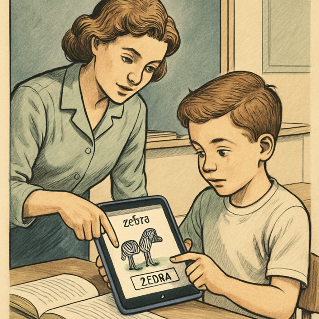 A teacher guiding a student through a reading app on a tablet, illustrating interactive learning. A teacher introducing a reading comprehension tool to a student.