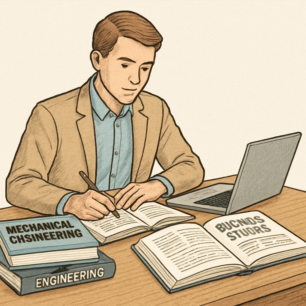 A student studying mechanical engineering alongside business studies, showcasing textbooks and a laptop. Student balancing mechanical engineering and dual degree studies.